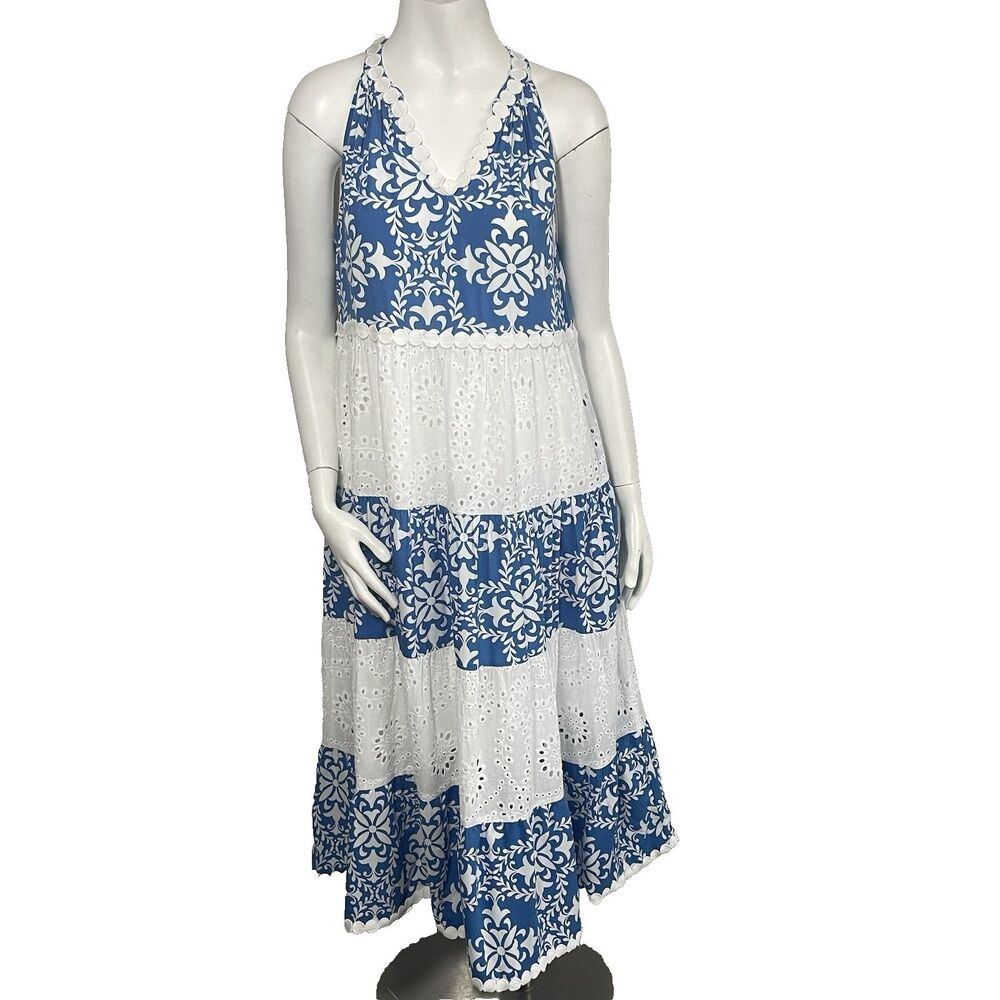 Entro Sleeveless A-Line Eyelet Lace Maxi Dress‎ S Blue White Coastal Resort
